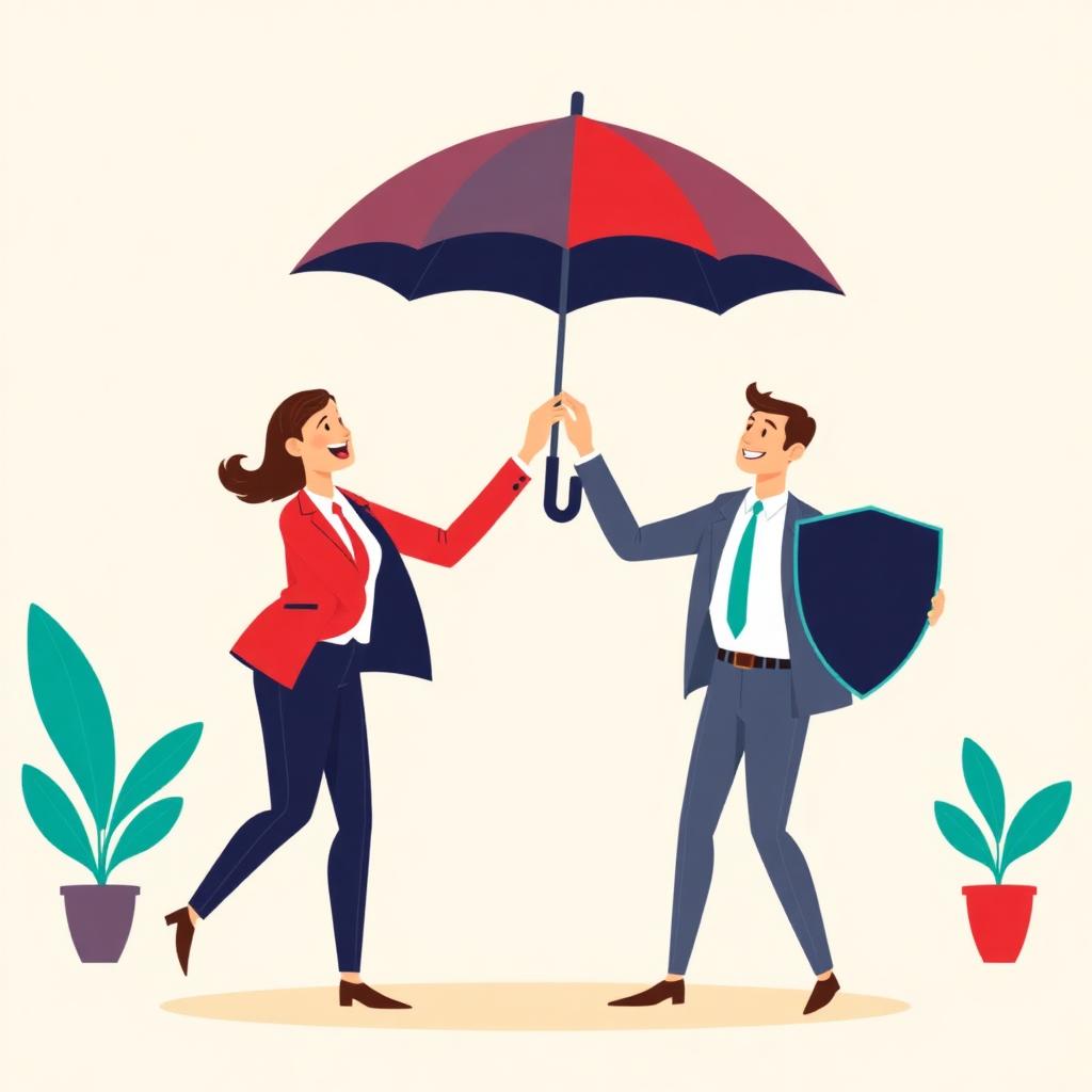 Two colleagues holding an umbrella and a shield