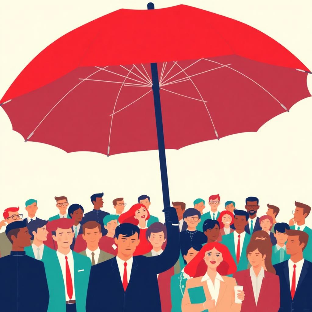 A crowd of employees under one large umbrella