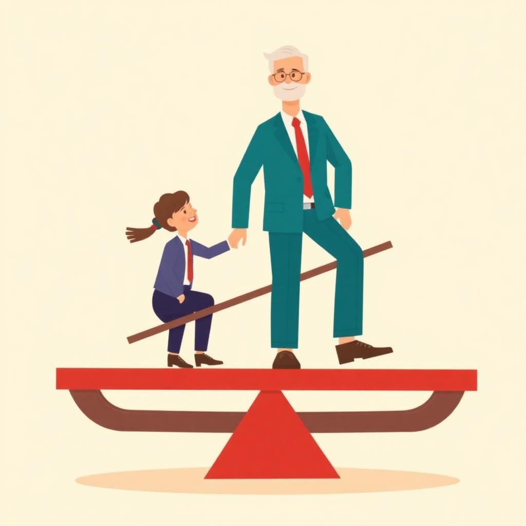 A young and an older employee on a see-saw
