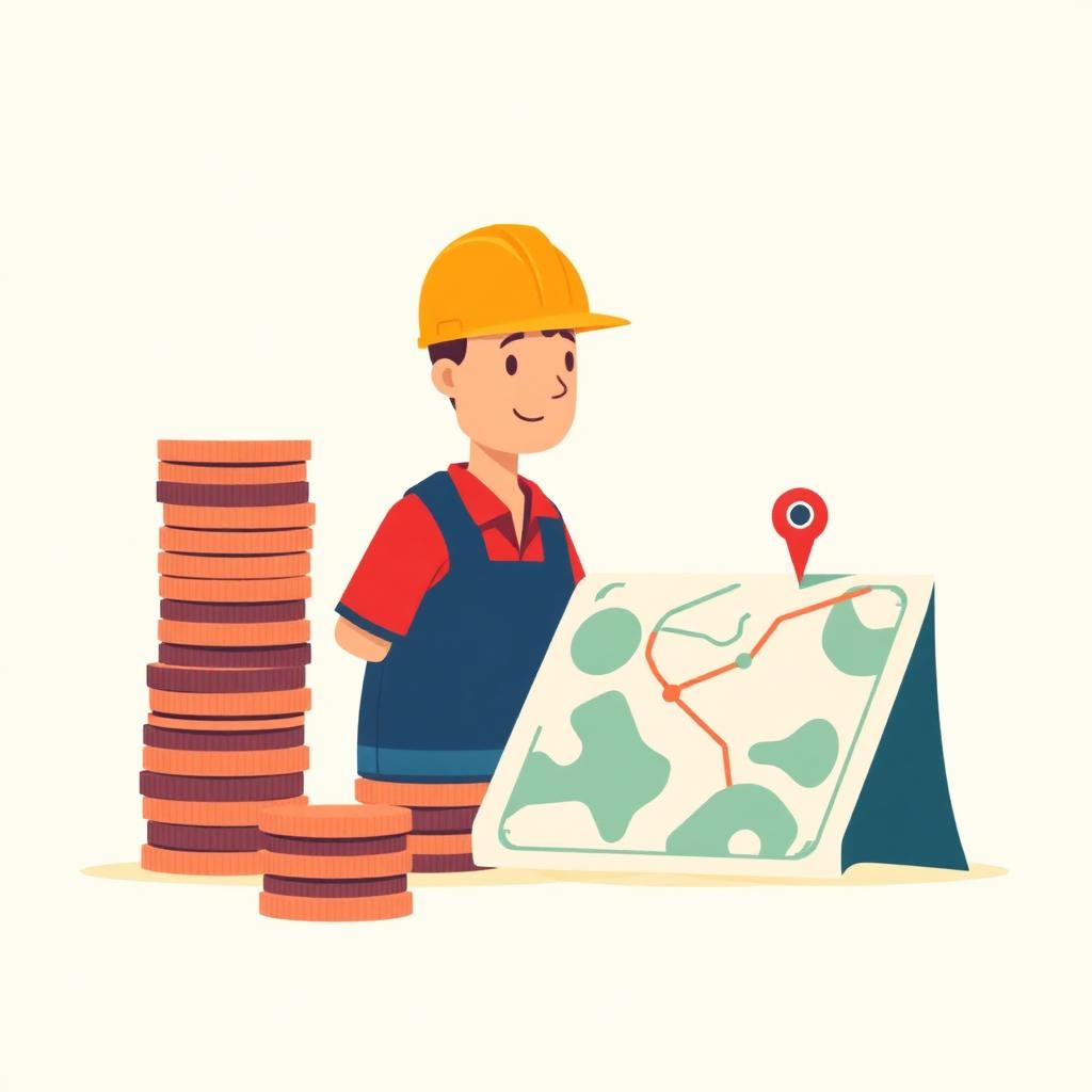Coin stacks beside a worker and a map