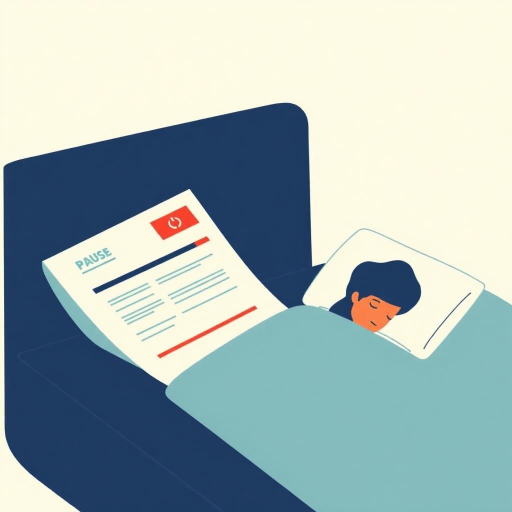 A pause button on an invoice beside someone resting
