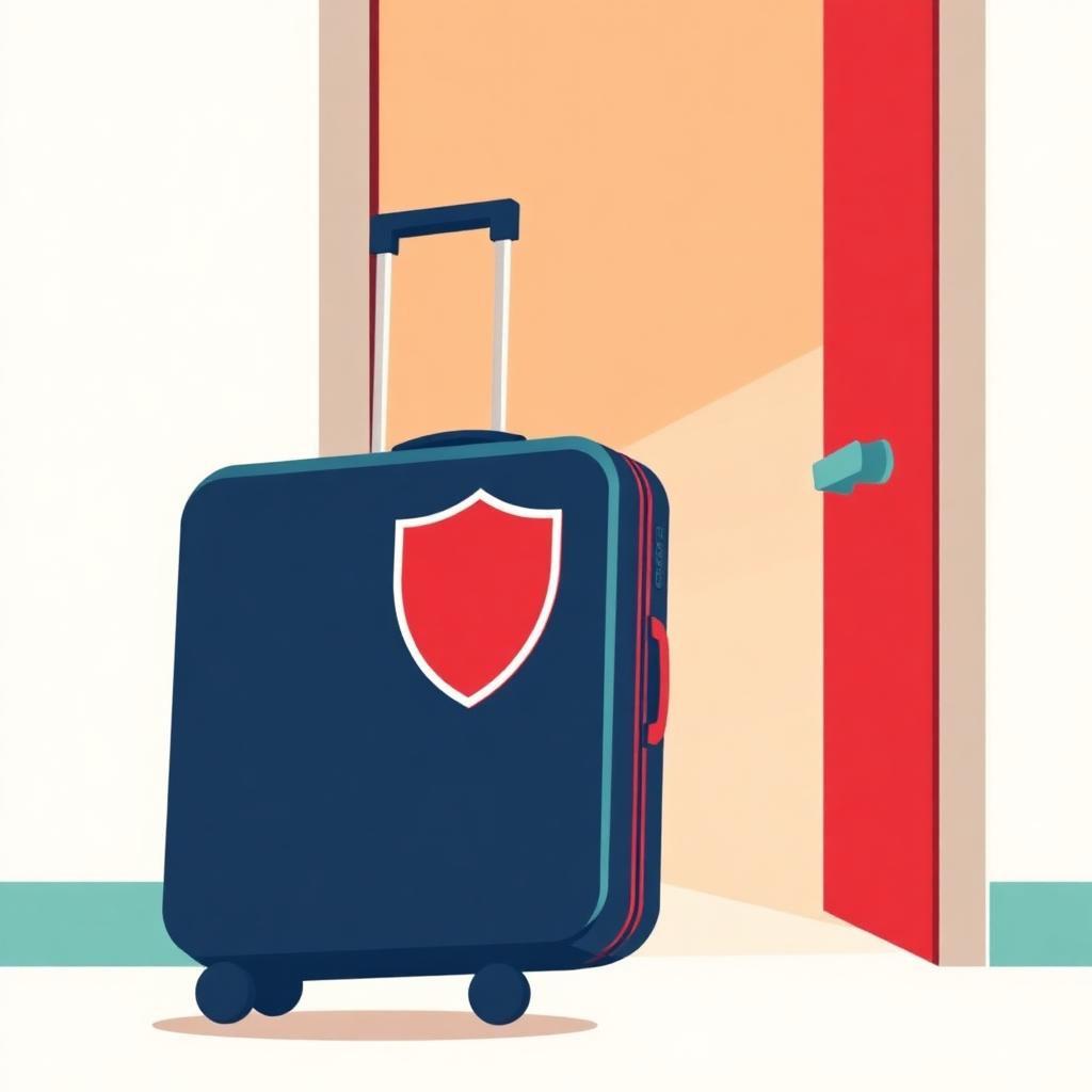 A suitcase with a shield walking out a door