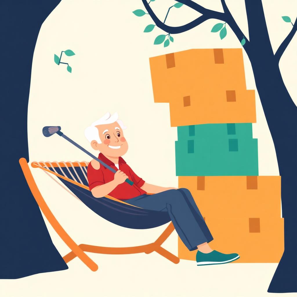 A retiree in a hammock beside moving boxes