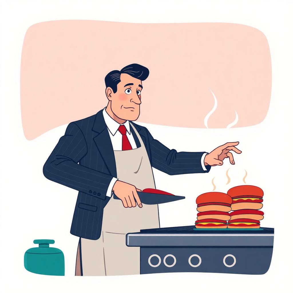 An executive in a suit flipping burgers