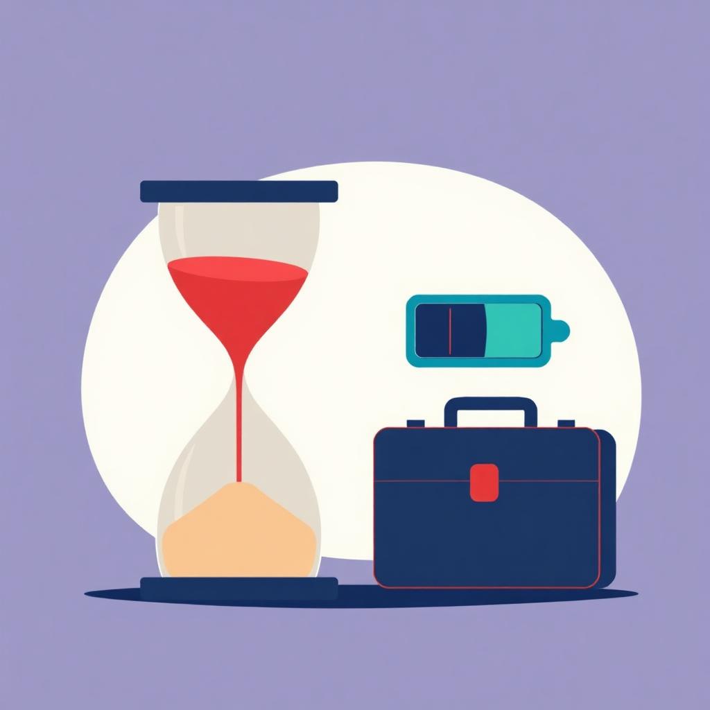 An hourglass beside a half-full briefcase battery