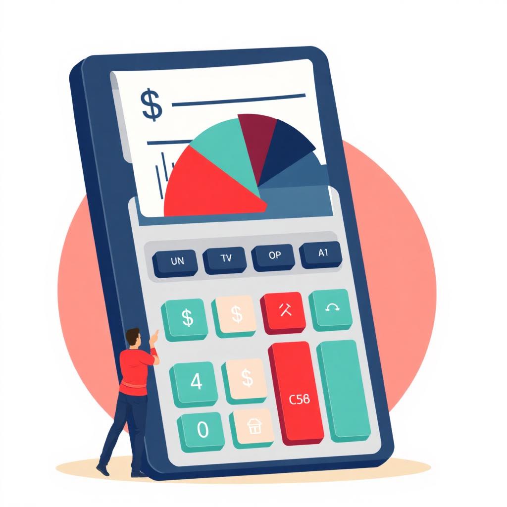 A giant calculator with a paycheck pie chart